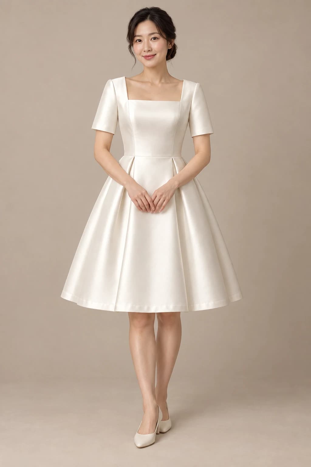 Short Sleeve Satin A-line Knee-length Wedding Dress