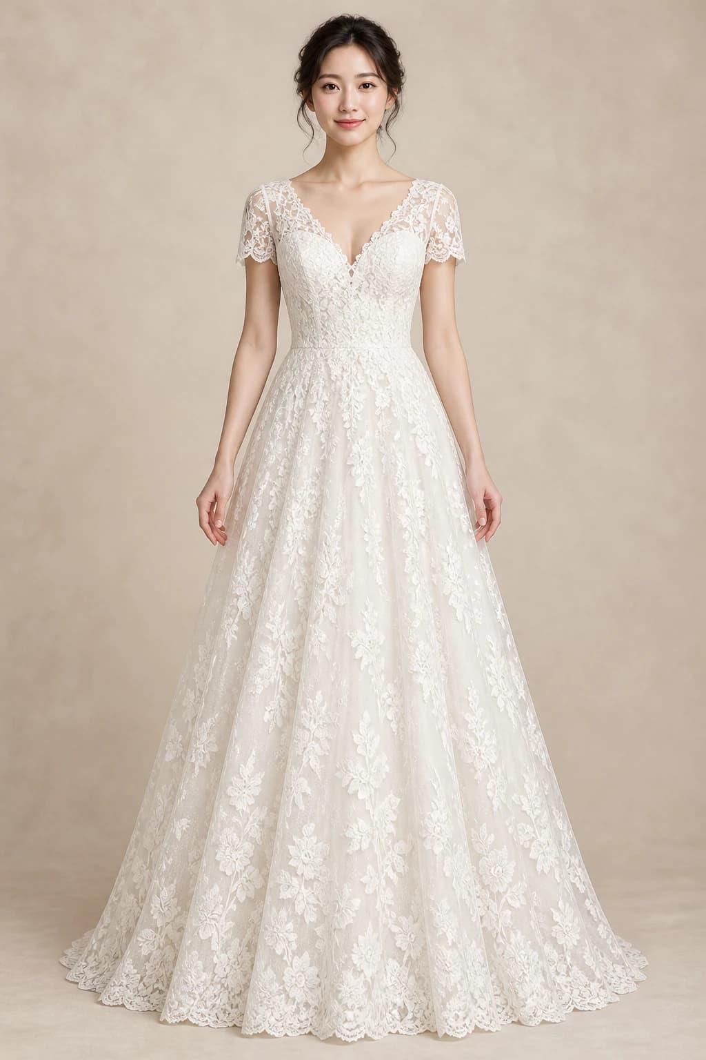 Short Sleeve Lace A-line Wedding Dress