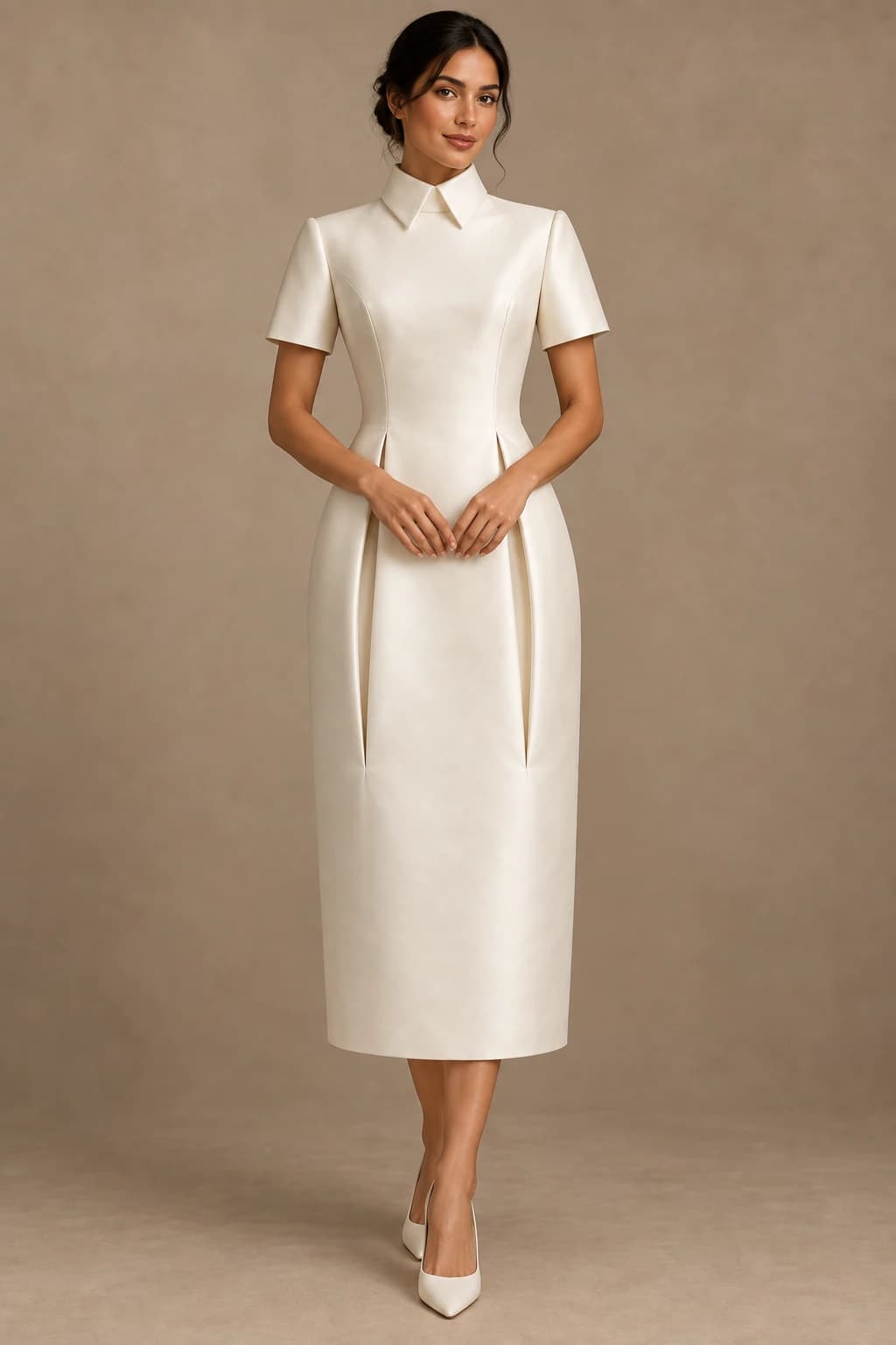 Short Sleeve Mikado Column Tea-length Wedding Dress