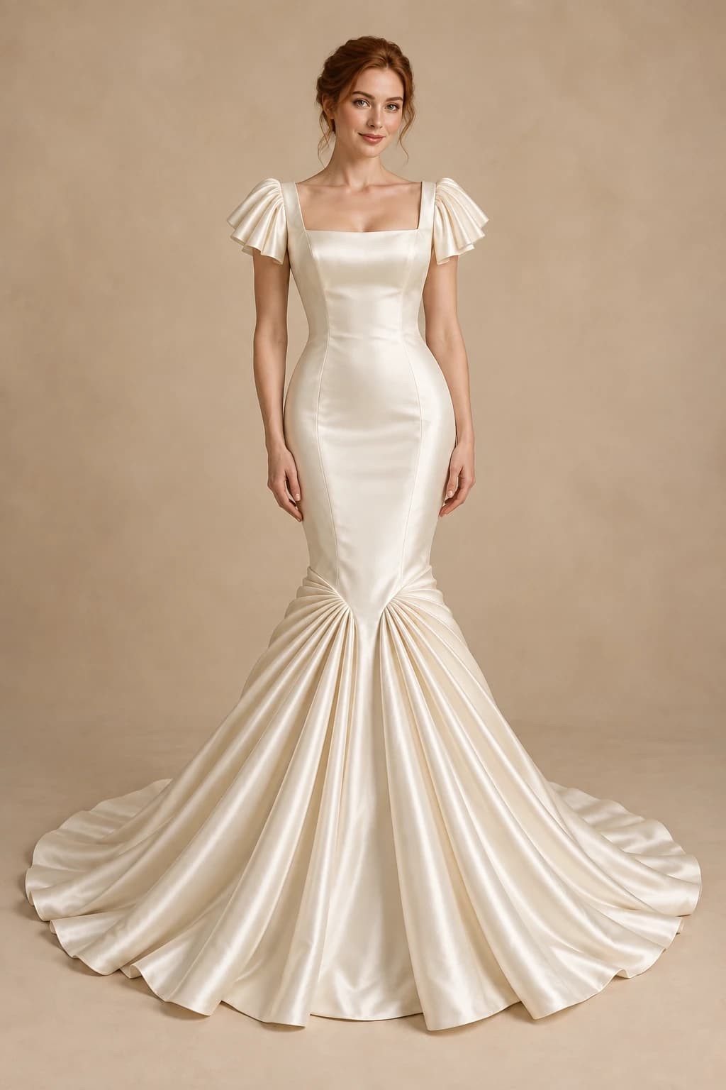 Short Sleeve Satin Mermaid Wedding Dress