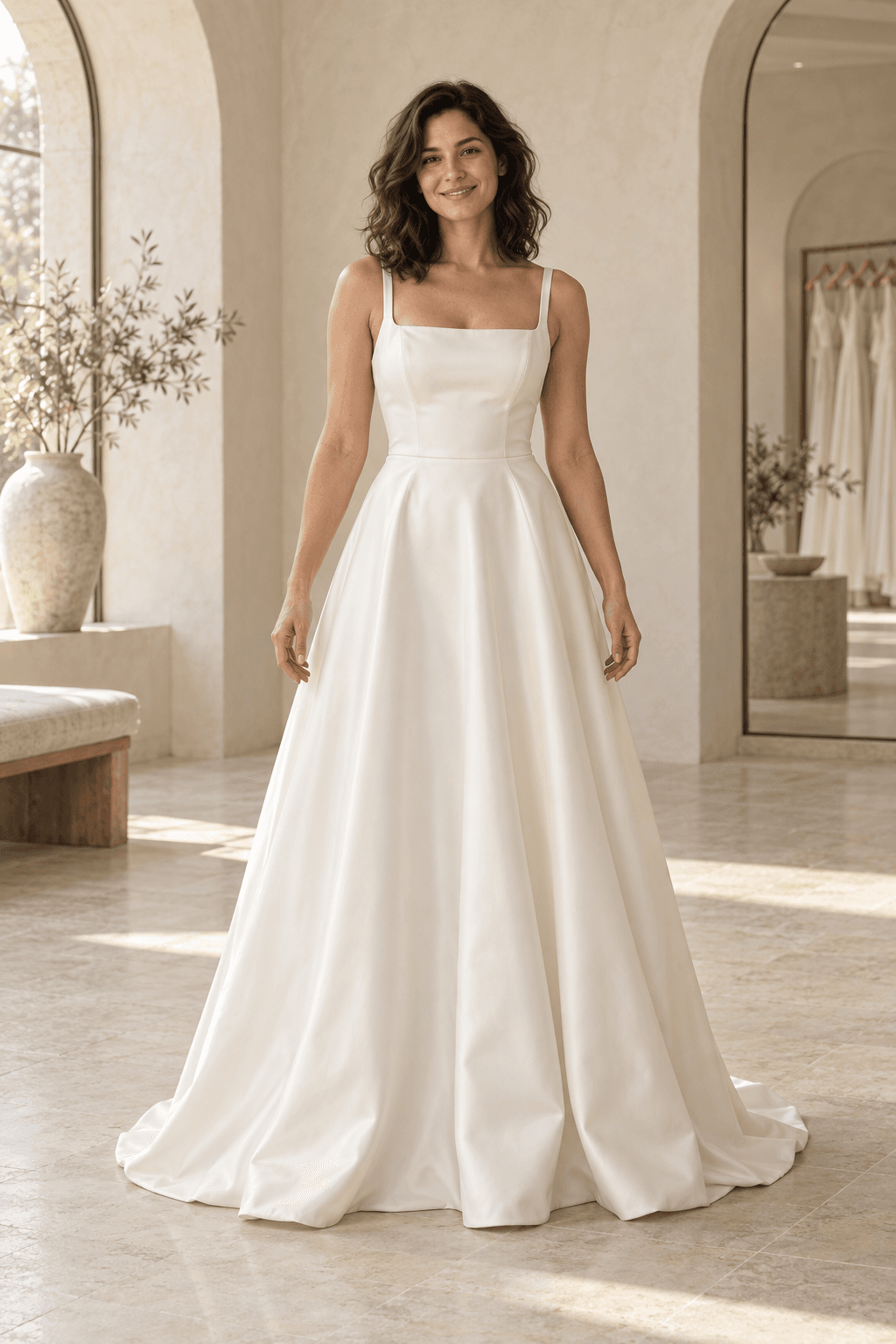 AI-created editorial of an ivory satin A-line wedding dress